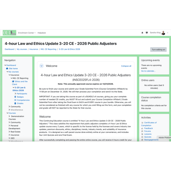 4-hour Law & Ethics Update - 3-20 Public Adjusters  (5-320) CE Course (4hrs credit) 